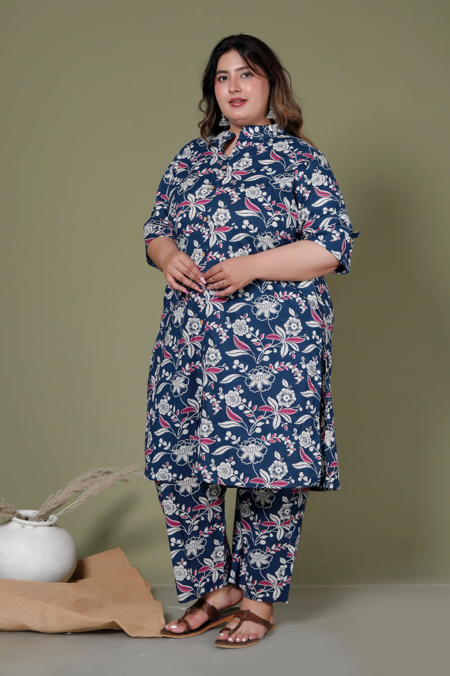 FLORAL INFUSE PRINT COTTON 2 PEICE KURTA PANT IN MUSTURD BLUE BY PLUSSIZEKURTI