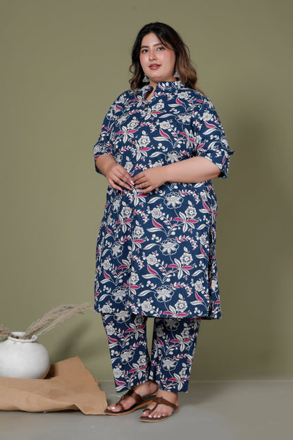 FLORAL INFUSE PRINT COTTON 2 PEICE KURTA PANT IN MUSTURD BLUE BY PLUSSIZEKURTI