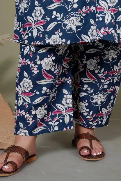 FLORAL INFUSE PRINT COTTON 2 PEICE KURTA PANT IN MUSTURD BLUE BY PLUSSIZEKURTI