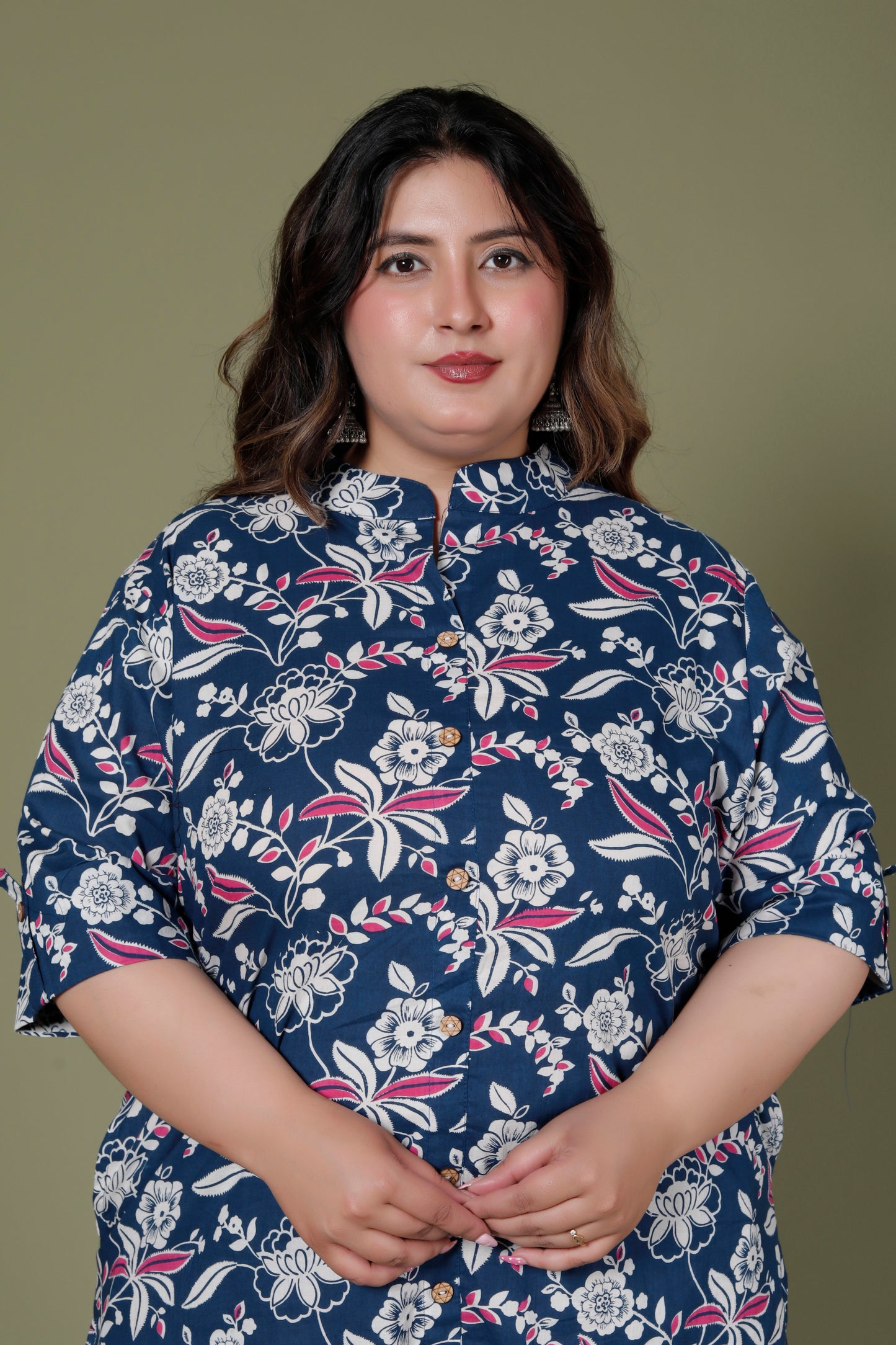 FLORAL INFUSE PRINT COTTON 2 PEICE KURTA PANT IN MUSTURD BLUE BY PLUSSIZEKURTI