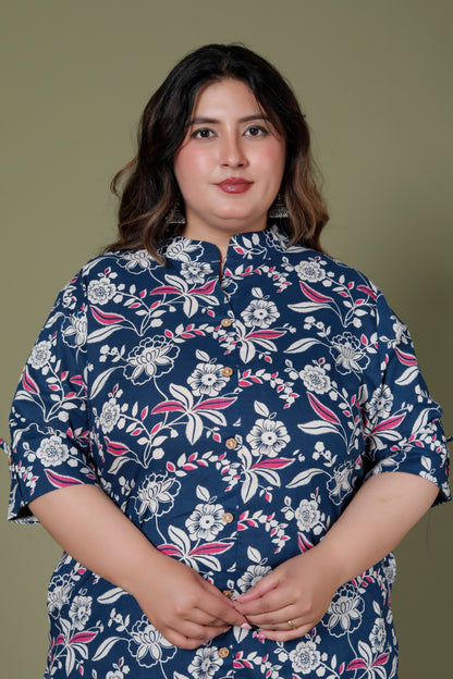 FLORAL INFUSE PRINT COTTON 2 PEICE KURTA PANT IN MUSTURD BLUE BY PLUSSIZEKURTI