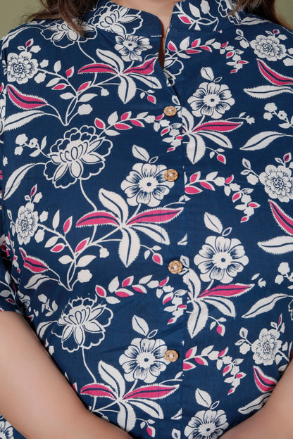 FLORAL INFUSE PRINT COTTON 2 PEICE KURTA PANT IN MUSTURD BLUE BY PLUSSIZEKURTI