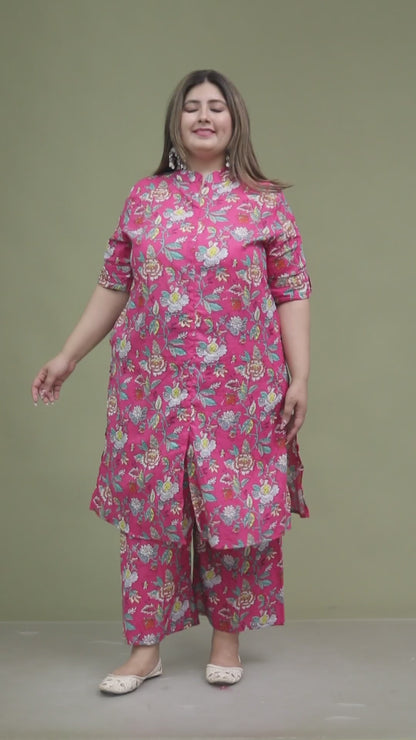 FLORAL PRINT COTTON 2 PEICE KURTA PLAZZO IN RANIPINK BY PLUSSIZEKURTI