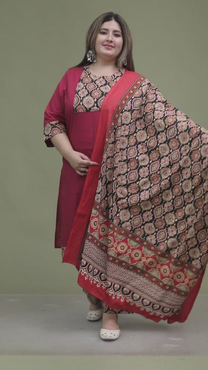 GEOMETRIC FLORAL SOLID COTTON 3 PEICE KURTI PANT SET IN WINEPINK BY PLUSSIZEKURTI