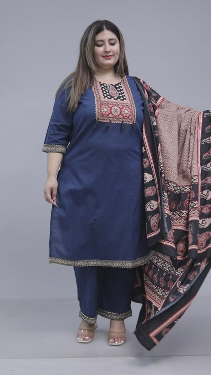 TRIBAL AJRAKH SOLID COTTON 3 PEICE KURTI PANT SET IN BLUE BY PLUSSIZEKURTI