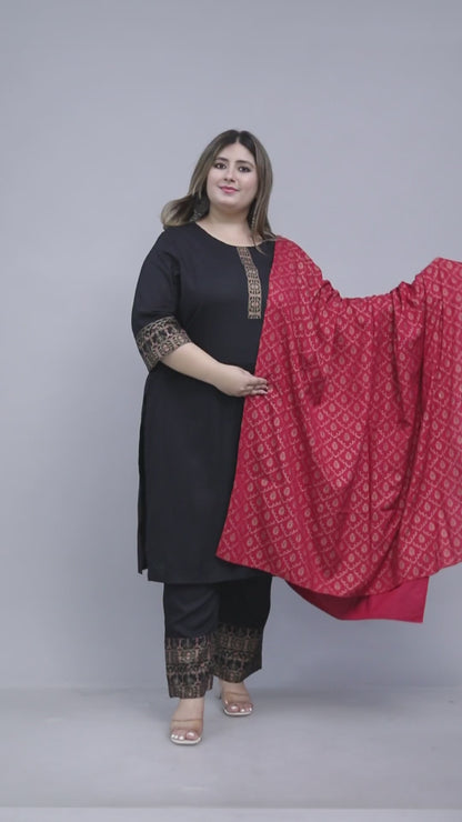 SOLID FOIL PRINT COTTON 3 PEICE KURTA PANT IN BLACK BY PLUSSIZEKURTI
