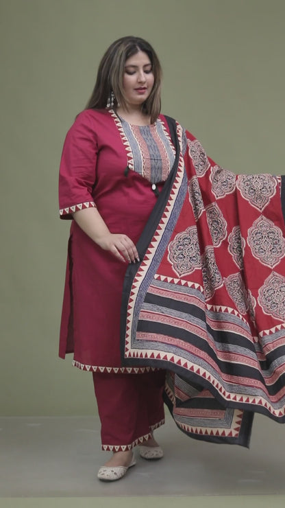 TRIBAL STRIPE SOLID COTTON 3 PEICE KURTI PANT SET IN MAHROON BY PLUSSIZEKURTI