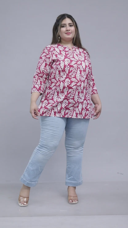 LEAF MOTIF PRINT COTTON TOP IN WINE RED COLOUR BY PLUSSIZEKURTI