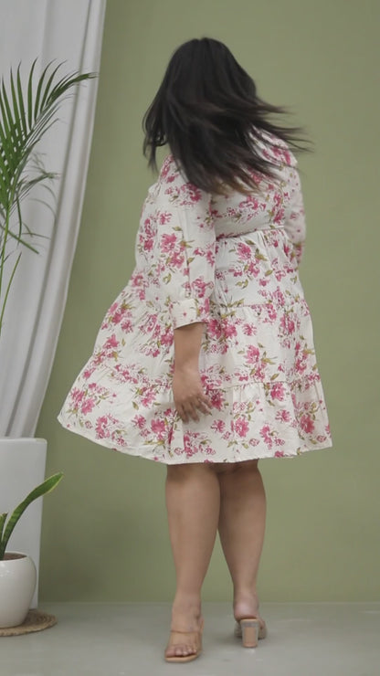 FLORAL PRINT COTTON FLEX DRESS IN PINK/BEIGE BY PLUSSIZEKURTI