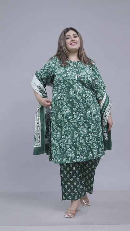 FLORAL PRINT COTTON 3 PEICE KURTA PANT IN GREEN BY PLUSSIZEKURTI