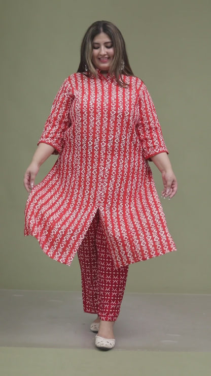 ABSTRACT PRINT COTTON 2 PEICE KURTA PLAZZO IN RED BY PLUSSIZEKURTI