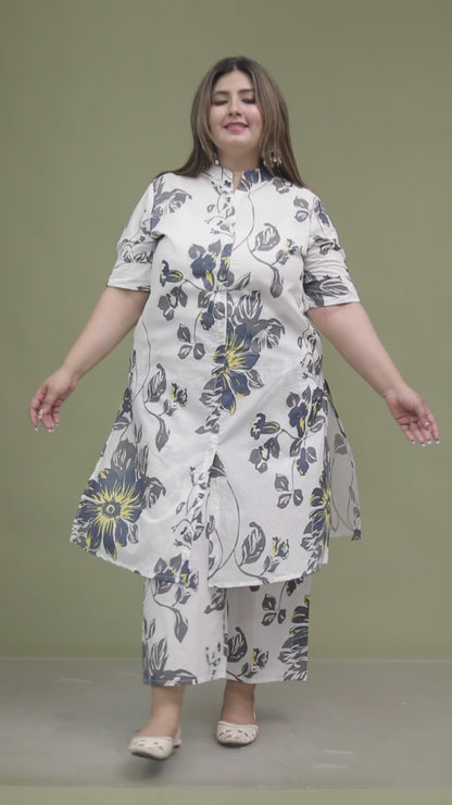 FLORAL SKETCH PRINT COTTON 2 PEICE KURTA PLAZZO IN WHITE BY PLUSSIZEKURTI