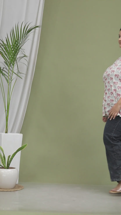 ELEPHANT MOTIF PRINT COTTON SHIRT TOP IN IVORY COLOUR BY PLUSSIZEKURTI