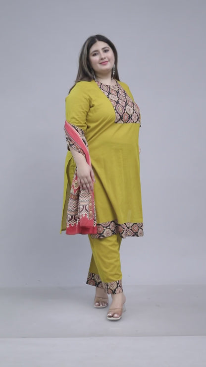 GEOMETRIC FLORAL SOLID COTTON 3 PEICE KURTI PANT SET IN MUSTURD BY PLUSSIZEKURTI