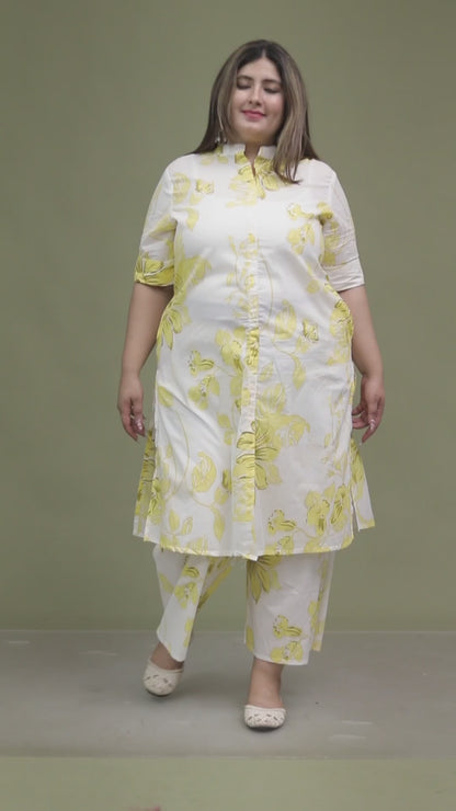 FLORAL PRINT COTTON 2 PEICE KURTA PLAZZO IN YELLOW BY PLUSSIZEKURTI