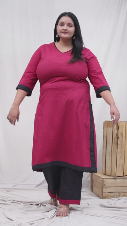 SOLID COTTON LACE WORK 2 PEICE KURTA PANT IN MAHROON/BLACK BY PLUSSIZEKURTI