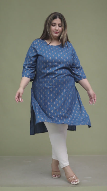 TRIANGULAR GEOMETRIC PRINT COTTON KURTI IN TEALBLUE BY PLUSSIZEKURTI