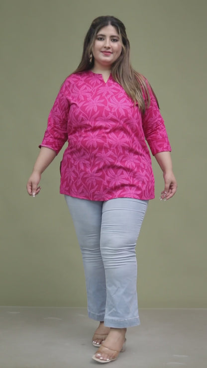 FLOWER PRINT COTTON TOP IN FUCHSIA PINK COLOUR BY PLUSSIZEKURTI