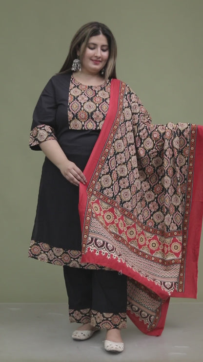 GEOMETRIC FLORAL SOLID COTTON 3 PEICE KURTI PANT SET IN BLACK BY PLUSSIZEKURTI