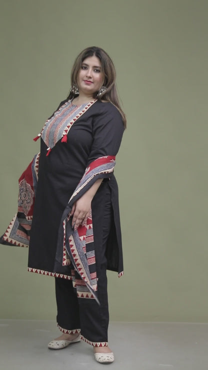 TRIBAL STRIPE SOLID COTTON 3 PEICE KURTI PANT SET IN BLACK BY PLUSSIZEKURTI