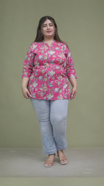 FLORAL PRINT COTTON TOP IN RANIPINK COLOUR BY PLUSSIZEKURTI