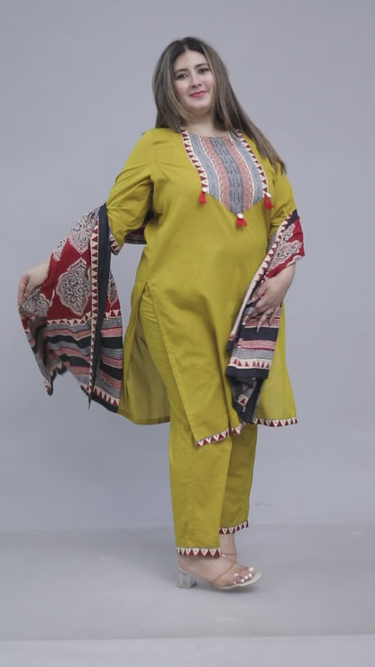 TRIBAL STRIPE SOLID COTTON 3 PEICE KURTI PANT SET IN YELLOW BY PLUSSIZEKURTI