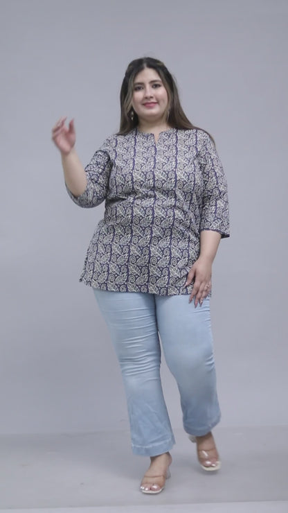 PAISLEY BLOCK PRINT COTTON TOP IN INDIGO BLUE COLOUR BY PLUSSIZEKURTI