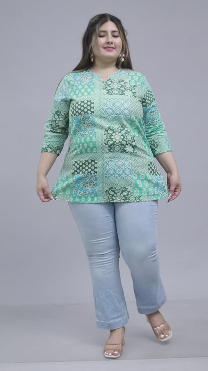 FLORAL GEOMETRIC PRINT COTTON TOP IN AQUA GREEN COLOUR BY PLUSSIZEKURTI