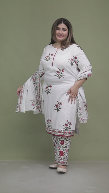 MUGHAL PRINT COTTON 3 PEICE KURTI PANT SET IN WHITE/RED BY PLUSSIZEKURTI