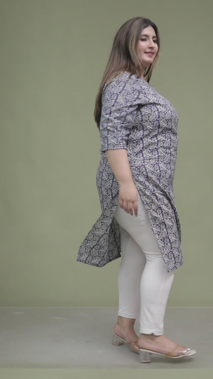 PAISLEY BLOCK PRINT COTTON KURTI IN INDIGO BLUE BY PLUSSIZE KURTI