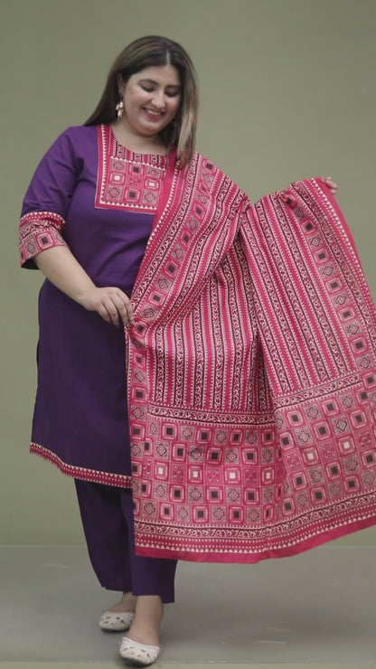 TRIBEL GEOMETRIC SOLID COTTON 3 PEICE KURTI PANT SET IN PURPLE BY PLUSSIZEKURTI
