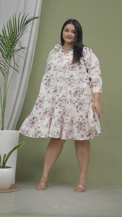 FLORAL PRINT COTTON FLEX DRESS IN LAVENDER/BEIGE BY PLUSSIZEKURTI