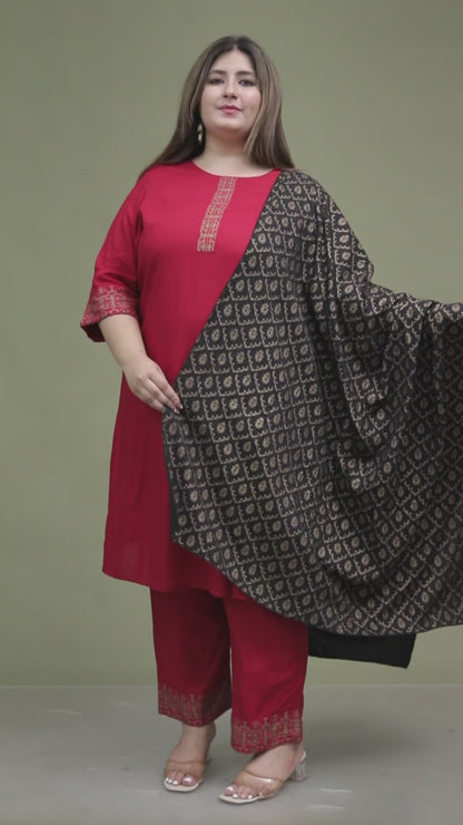 SOLID FOIL PRINT COTTON 3 PEICE KURTA PANT IN MAHROON BY PLUSSIZEKURTI