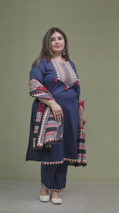 TRIBAL STRIPE SOLID COTTON 3 PEICE KURTI PANT SET IN BLUE BY PLUSSIZEKURTI