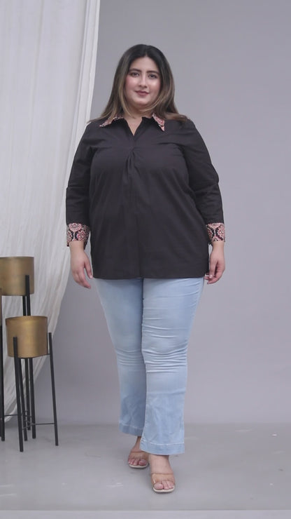AJRAKH MOTIF SOLID COTTON SHIRT TOP IN BLACK COLOUR BY PLUSSIZEKURTI