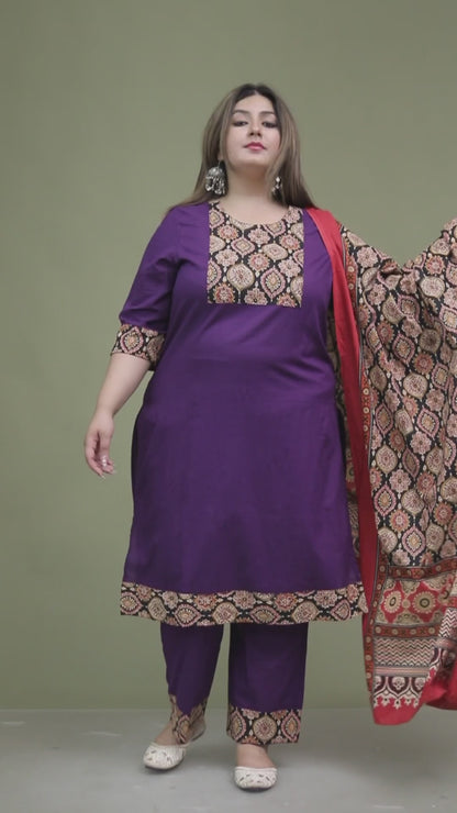 GEOMETRIC FLORAL SOLID COTTON 3 PEICE KURTI PANT SET IN PURPLE BY PLUSSIZEKURTI