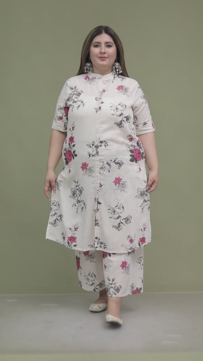 FLORAL PRINT COTTON FLEX 2 PEICE KURTA PLAZZO IN CREME/PINK BY PLUSSIZEKURTI