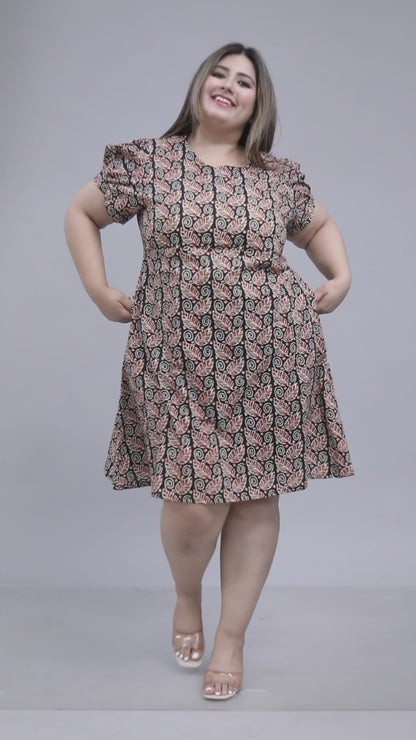 LEAF MOTIF PRINT COTTON DRESS IN BLACK BY PLUSSIZEKURTI