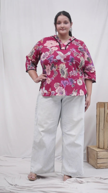 FLORAL BIRD PRINT LACE WORK COTTON TOP IN WINE RED COLOUR BY PLUSSIZEKURTI
