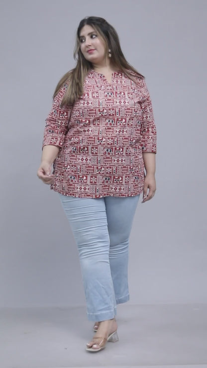 TRIBAL BLOCK PRINT COTTON TOP IN MAHROON COLOUR BY PLUSSIZEKURTI