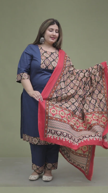 GEOMETRIC FLORAL SOLID COTTON 3 PEICE KURTI PANT SET IN BLUE BY PLUSSIZEKURTI