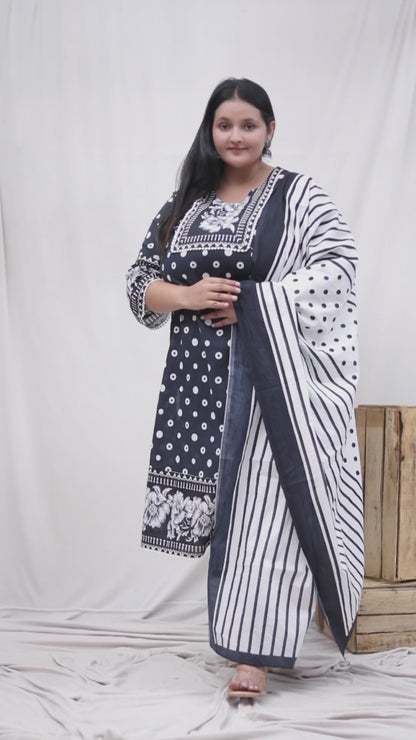 POLKA DOT FLORAL PRINT COTTON 3 PEICE KURTA PANT IN BLACK BY PLUSSIZEKURTI
