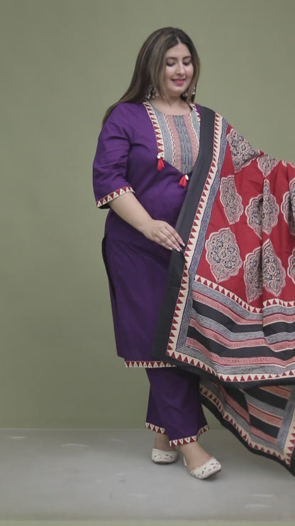 TRIBAL STRIPE SOLID COTTON 3 PEICE KURTI PANT SET IN PURPLE BY PLUSSIZEKURTI
