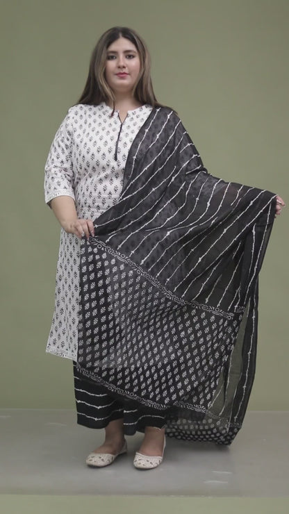 HANDBLOCK MOTIF PRINT COTTON 3 PEICE KURTI PLAZZO SET IN WHITE/BLACK BY PLUSSIZEKURTI