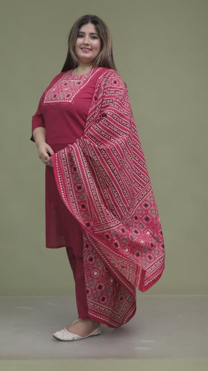 TRIBEL GEOMETRIC SOLID COTTON 3 PEICE KURTI PANT SET IN WINEPINK BY PLUSSIZEKURTI