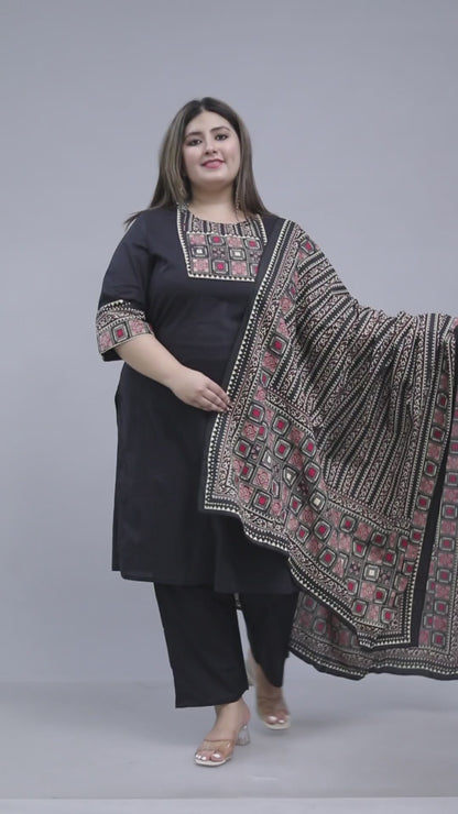 TRIBEL GEOMETRIC SOLID COTTON 3 PEICE KURTI PANT SET IN BLACK BY PLUSSIZEKURTI