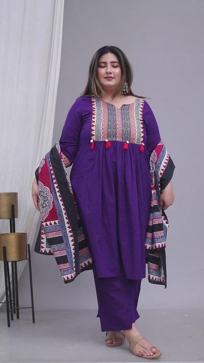 TRIBAL STRIPE SOLID COTTON 3 PEICE KURTI PANT SET IN PURPLE BY PLUSSIZEKURTI