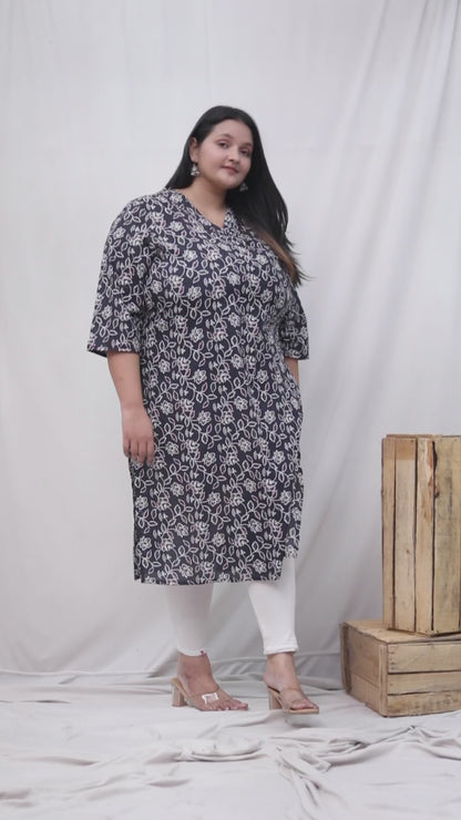 ABSTRACT FLORAL BLOCK PRINT COTTON KURTI IN BLACK BY PLUSSIZEKURTI