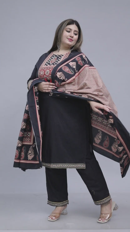 TRIBAL AJRAKH SOLID COTTON 3 PEICE KURTI PANT SET IN BLACK BY PLUSSIZEKURTI