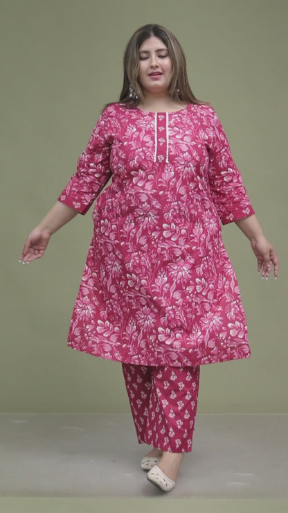 FLORAL PRINT COTTON 2 PEICE KURTA PANT IN WINE PINK BY PLUSSIZEKURTI